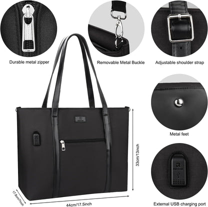 Laptop Bag for Women 17.3 Inch Laptop Tote Bag Large Work Tote Bag Waterproof Work Bag Teacher Bag with USB Charging Port Computer Tote Bag Nylon Handbag Satchel Shoulder Bag(17.3 inch, Black) - PuriLite