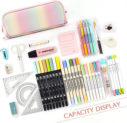 Big Capacity Pencil Case, OLIYuMi 3 Compartment Pencil Pouch Pencil Bag Storage Box Stationery Organizer Makeup Bag with Zipper Closure for Student Office College Boys and Girls (Pink)
