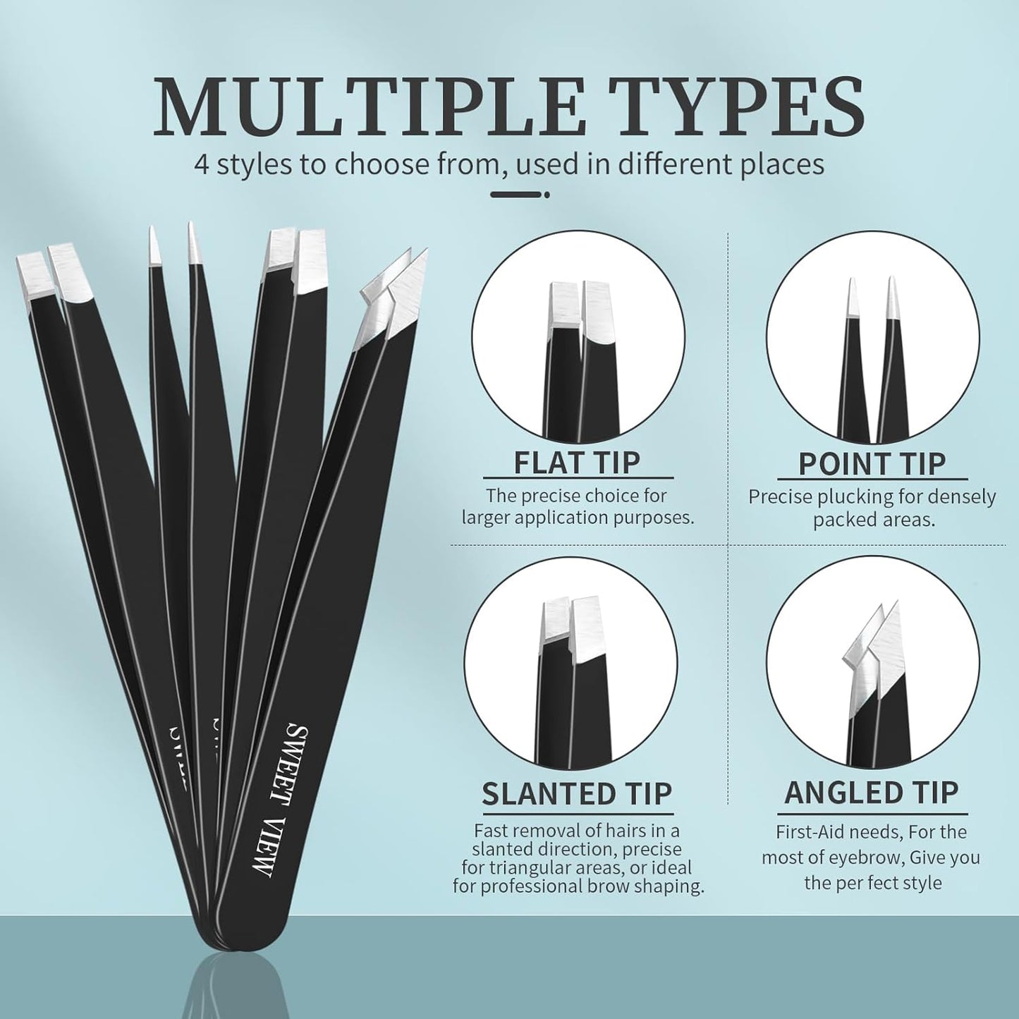 SWEET VIEW 7pcs Eyebrow Tweezers Set, Stainless Steel Tweezers for Women and Man, Precision Plucker Tweezers for Facial Hair, Chin, Eyebrow, Splinter and Ingrown Hair Removal