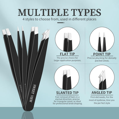 SWEET VIEW 7pcs Eyebrow Tweezers Set, Stainless Steel Tweezers for Women and Man, Precision Plucker Tweezers for Facial Hair, Chin, Eyebrow, Splinter and Ingrown Hair Removal