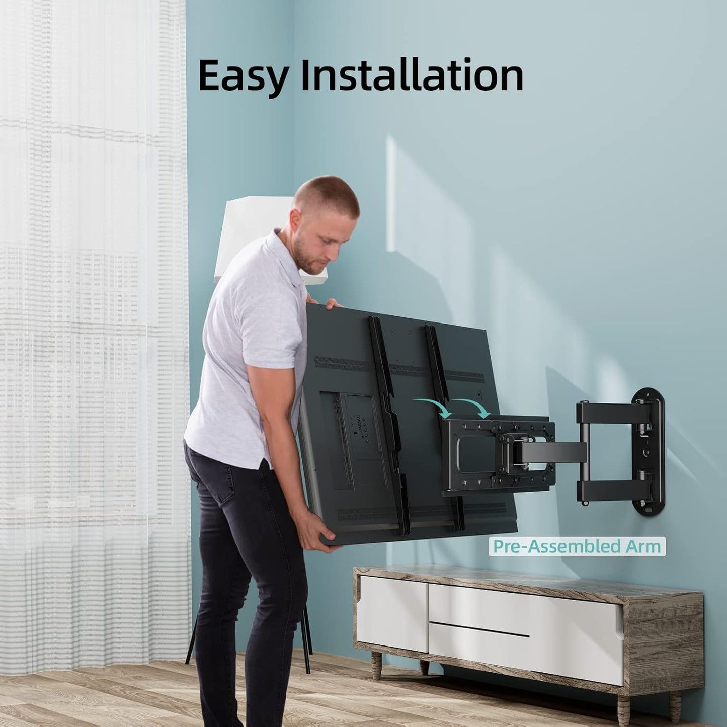 HCMOUNTING Swivel and Tilt TV Wall Mount for 26-65 inch Flat Screen Curved TVs, TV Bracket with Single Stud Level Adjustment Full Motion VESA 400x400mm Holds up to 88lbs