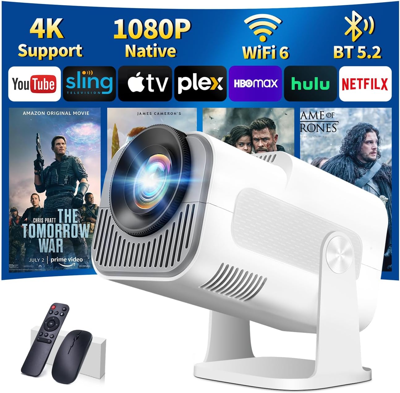 [Built-in App] Mini Projector 1080P Full HD, 4K Projector with 180° Rotation, Portable Projector WiFi 6&Bluetooth 5.2 Support, Featuring Auto Keystone Correction, HDMI/USB Connectivity White