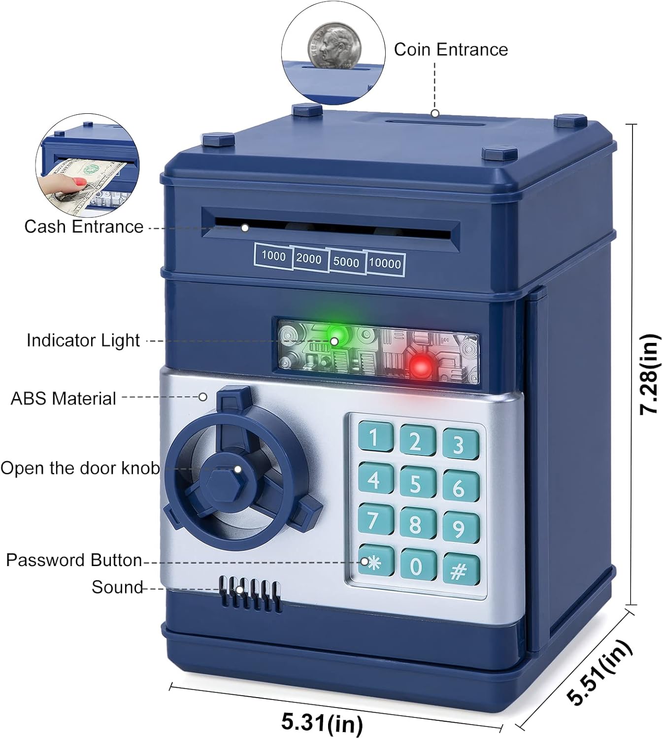 Refasy Piggy Bank for Boys, Electronic Piggy Banks Password Money Saving Box Gifts for 11 Year Old Boy Money Bank Toy Birthday Gifts for Boys Girls Kids Safe Cash Coin Can(Navy)