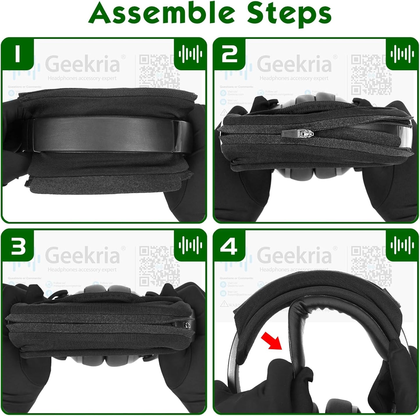Geekria Hook and Loop Headband Cover + Pad Set, Protector with Zipper Closure Compatible with Medium Sized Headphones, Easy DIY Installation (Protein Leather/Black)