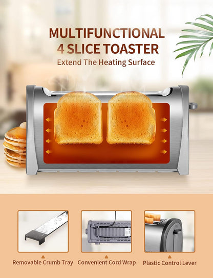 4-Slice Toaster with Extra-Wide 1.25" Slots & Independent Controls | 1300W for Fast, Even Heating | Defrost, Reheat, Cancel Functions | Removable Crumb Tray Brush Silver