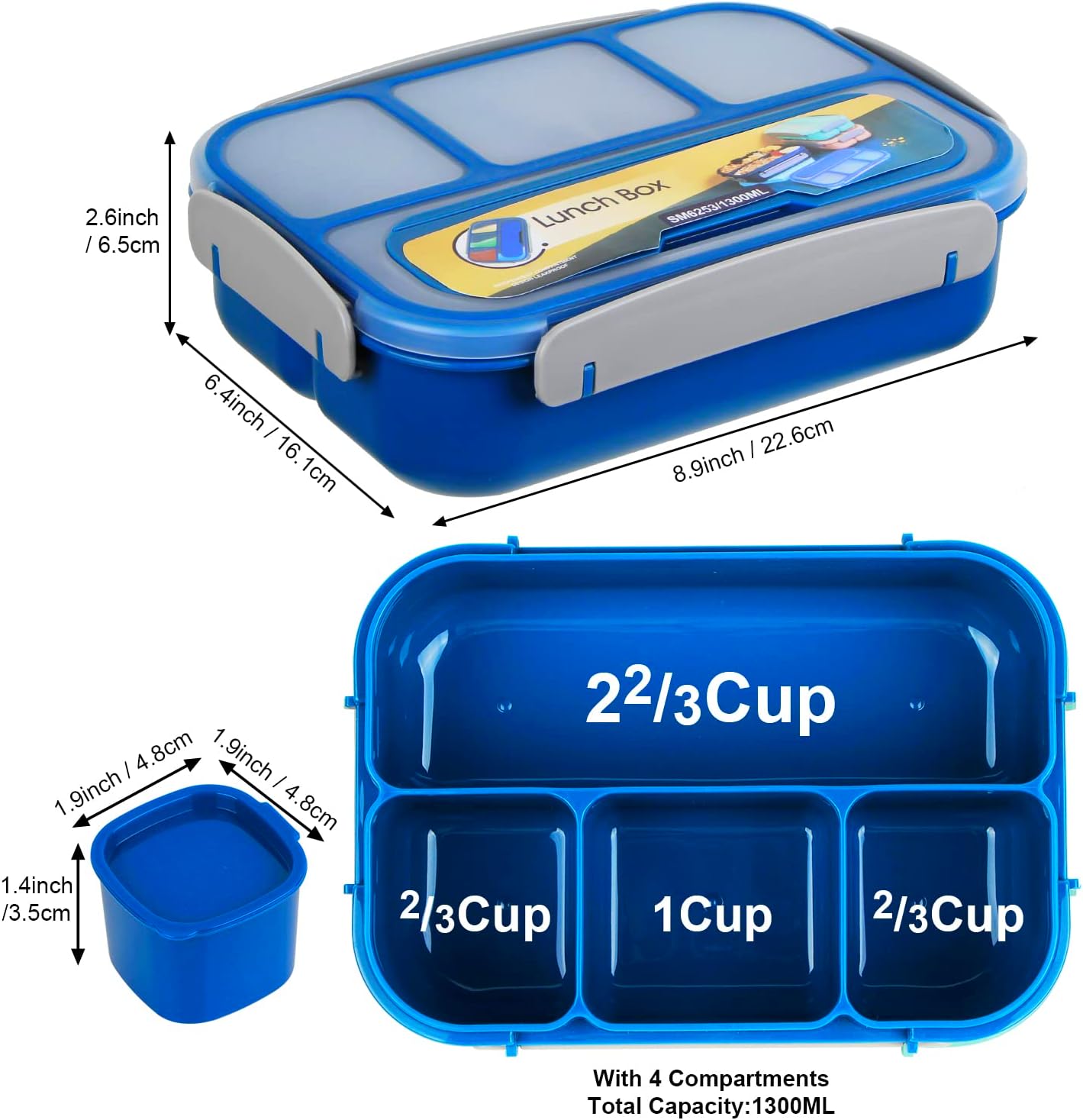MaMix Bento Lunch Box Adult, Kids, Lunch Containers for Adults/Kids/Students,1300ML-4 Compartment (Blue)