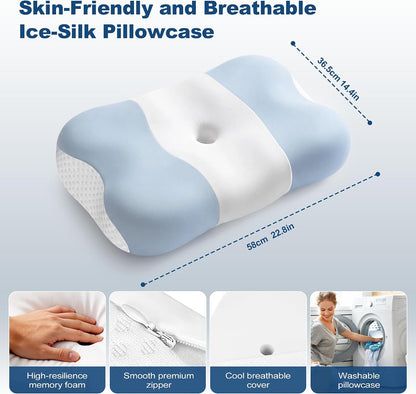 VYLEE Cervical Neck Pillow for Pain Relief, Cooling Memory Foam Neck Support Pillow for Sleeping, Ergonomic Contour Bed Pillow for Side Back Stomach Sleepers