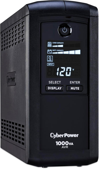 CyberPower CP1500AVRLCD3 Intelligent LCD UPS System, 1500VA/900W, 12 Outlets, 2 USB Ports, AVR, Mini Tower, Black