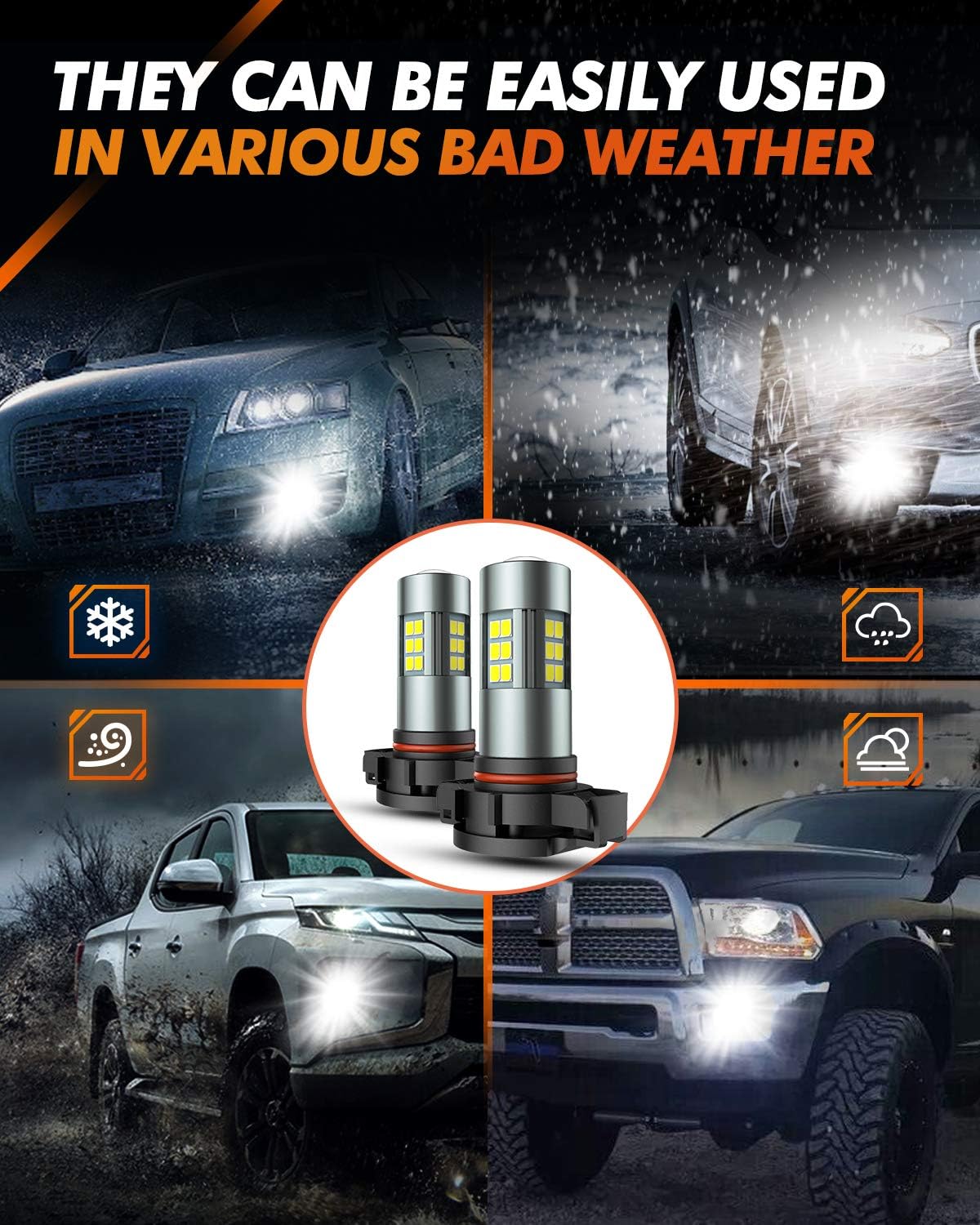 SEALIGHT H11/H8/H16 LED Fog Light Bulbs, 6000K Xenon White, 27 SMD Chips, 360-degree Illumination, Non-polarity