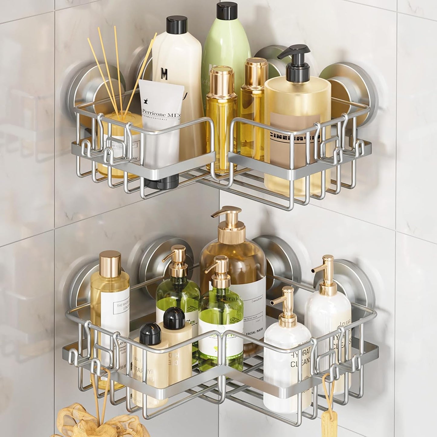 LEVERLOC Shower Caddy Suction Cup, 2 Pack Black Shower Shelf with Hooks and Soap Holder, NO-Drilling Bathroom Organizer, Rustproof Metal Bathroom Storage and Organization