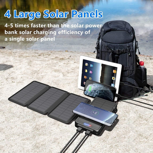 Solar Charger Power Bank - 38800mAh with Dual 5V3.1A Outputs 10W Qi Wireless Charger Waterproof Built-in 4 Solar Panel and Bright Flashlights (Deep Black)