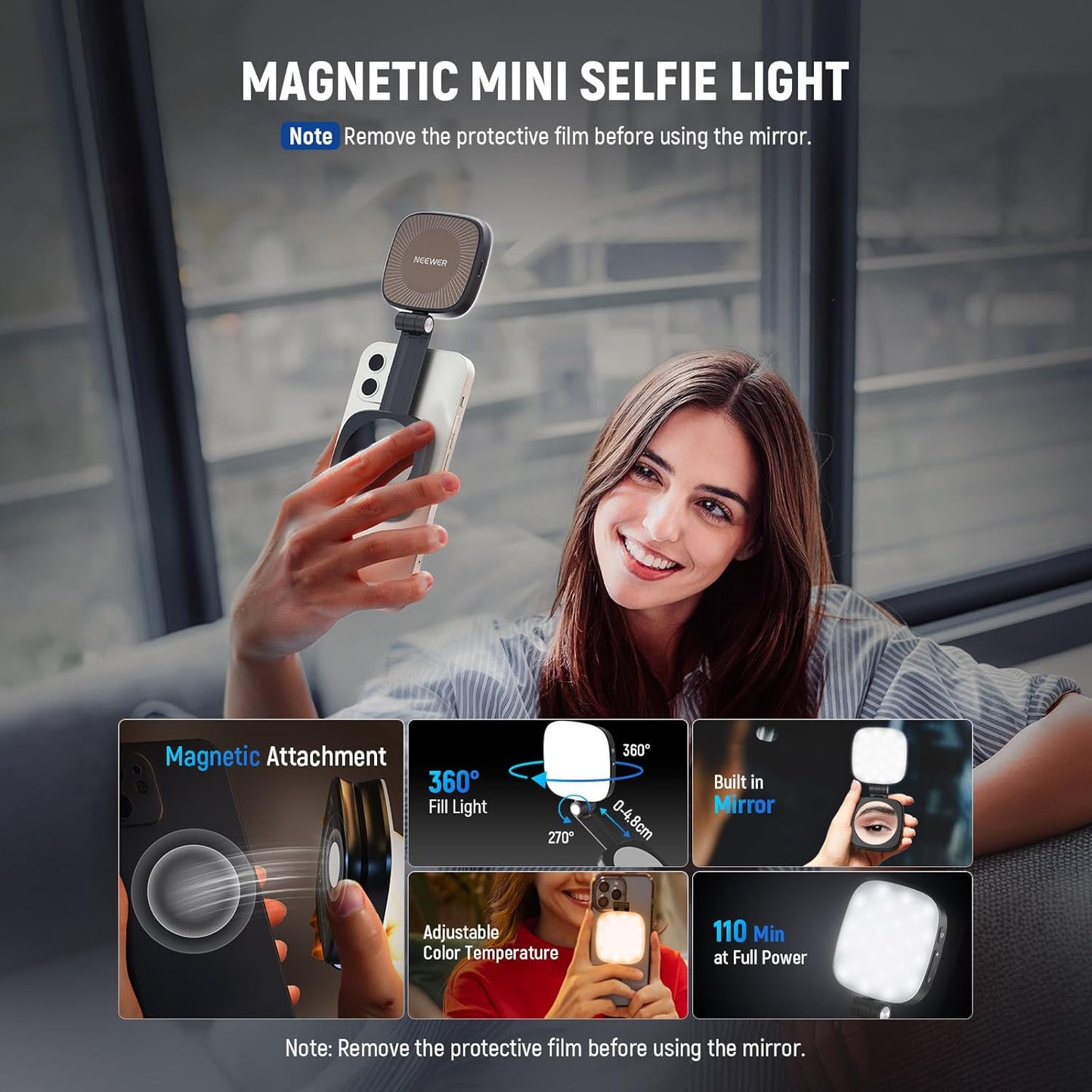 NEEWER BASICS Magnetic Selfie Light Compatible with MagSafe iPhone, CRI95 700lx/0.3m Folding LED Phone Fill Ring Lighting with Mirror for Zoom Makeup Photography Recording Video Conference,White NL48B