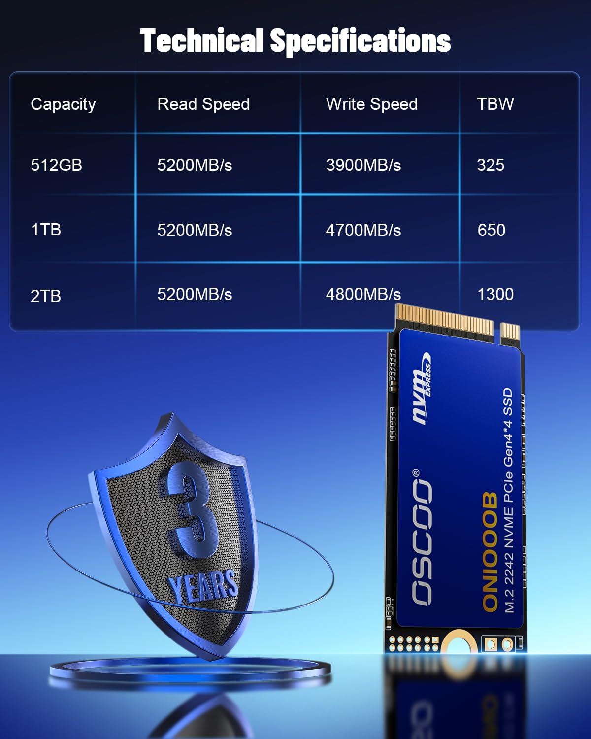 OSCOO 1TB NVMe SSD – M.2 2242 PCIe Gen4x4 Internal Solid State Drive, Up to 5400MB/s Read & 4900MB/s Write, 3D NAND, Compact High-Speed Storage for Ultrabooks, Mini PCs, Embedded Systems - ON1000B