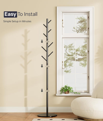 Coat Rack with 8 Hooks, Adjustable to 3 Heights, Modern Hall Tree, Sturdy Metal Coat Stand with Sintered Stone Base, for Entryway, Office or Bedroom, Ideal for Coats, Hats and Bags, Black