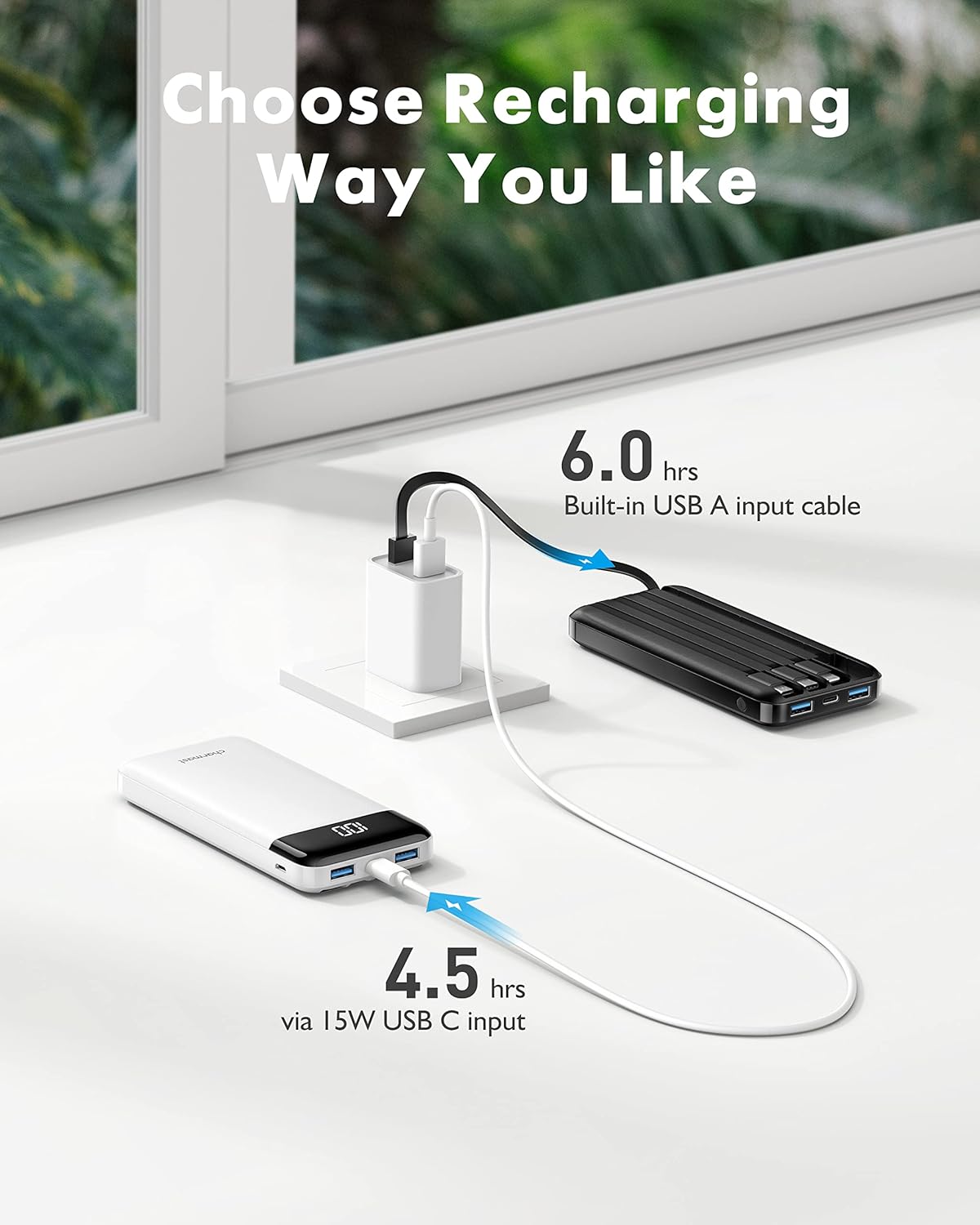 Charmast 2 Pack of Portable Chargers with Built in Cables, 2PCS Slim 10000mAh Travel Essentials Battery Pack 6 Outputs 3A Power Banks for iPhone Samsung Pixel LG Moto iPad (Black + White)