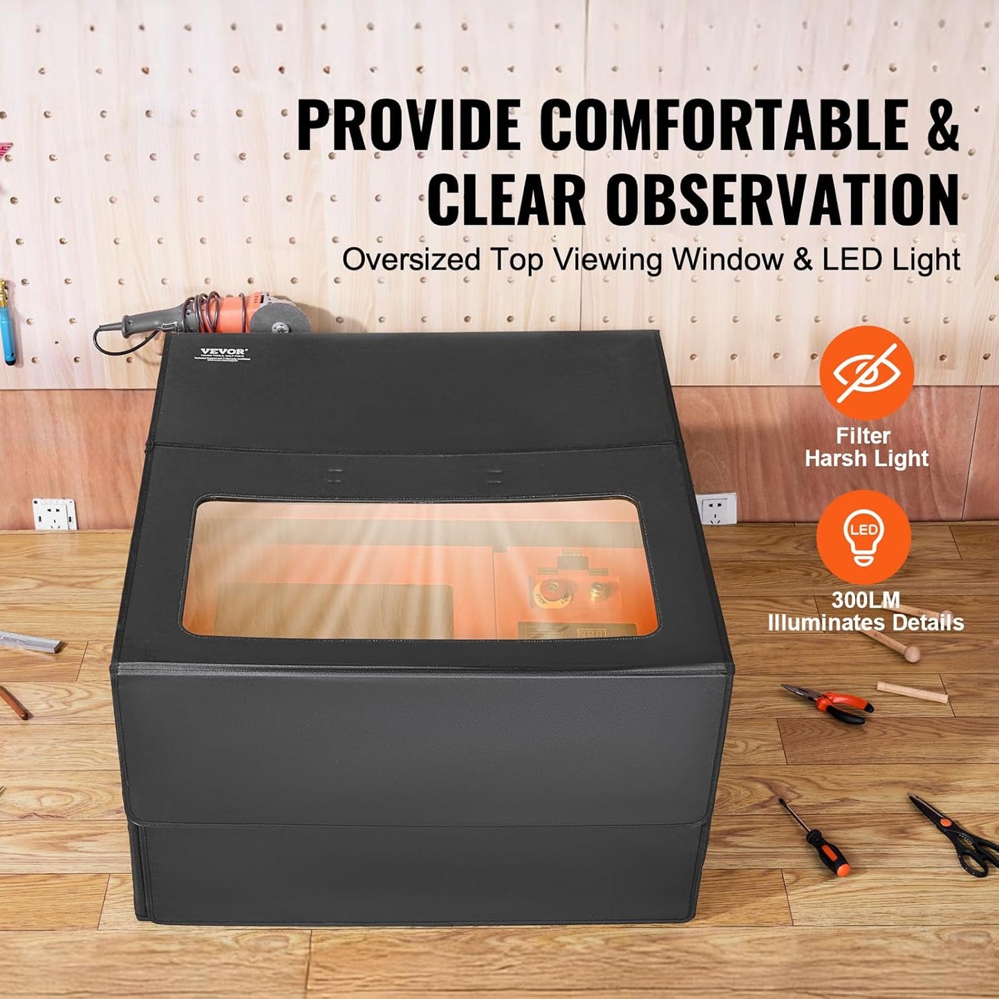 VEVOR Laser Engraver Enclosure, 31.5 x 31.5 x 19.6", Dual-Direction Viewing, Flame Retardant and Fireproof Protective Cover, with Exhaust Fan and Pipe, Insulates Smoke, Noise and Eye Protection