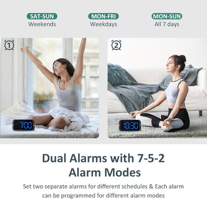 Odokee Digital Dual Alarm Clock for Bedroom, Easy to Set, 0-100% Dimmer, USB Charger, 5 Sounds Adjustable Volume, Weekday/Weekend Mode, Snooze, 12/24Hr, Battery Backup, Compact Clock for Bedside(Blue)