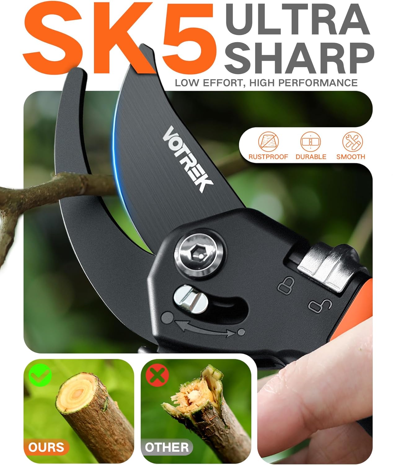 VOTREK Pruning Shears - 8.5" Heavy Duty Bypass Pruners for Gardening with Built-in Spring & SK5 Steel Blades - Ergonomic Adjustable Handle for All Hand Sizes, Garden Clipper Plant Scissors for Branch