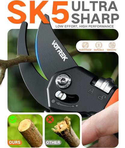 VOTREK Pruning Shears - 8.5" Heavy Duty Bypass Pruners for Gardening with Built-in Spring & SK5 Steel Blades - Ergonomic Adjustable Handle for All Hand Sizes, Garden Clipper Plant Scissors for Branch