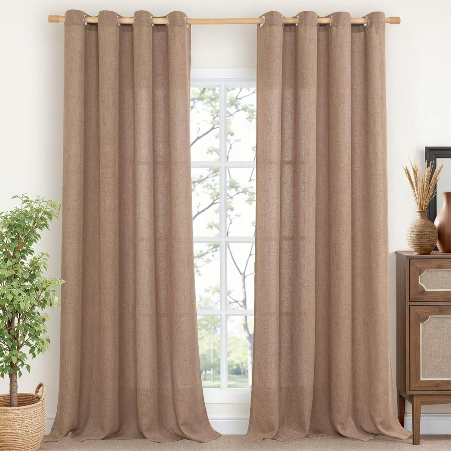 YoungsTex Natural Linen Curtains 84 Inch Long for Living Room Bedroom Grommet Top Light Filtering Privacy Linen Textured Window Semi Sheer Drapes, 2 Panels, 52x84 Inch, Natural