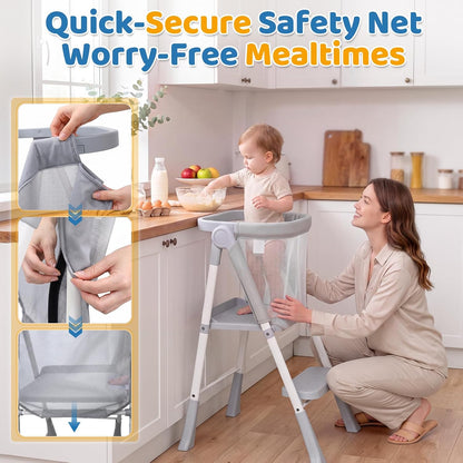 Orzbow Toddler Tower, Foldable Step Stool Kitchen Helper, Safety Rail & Net