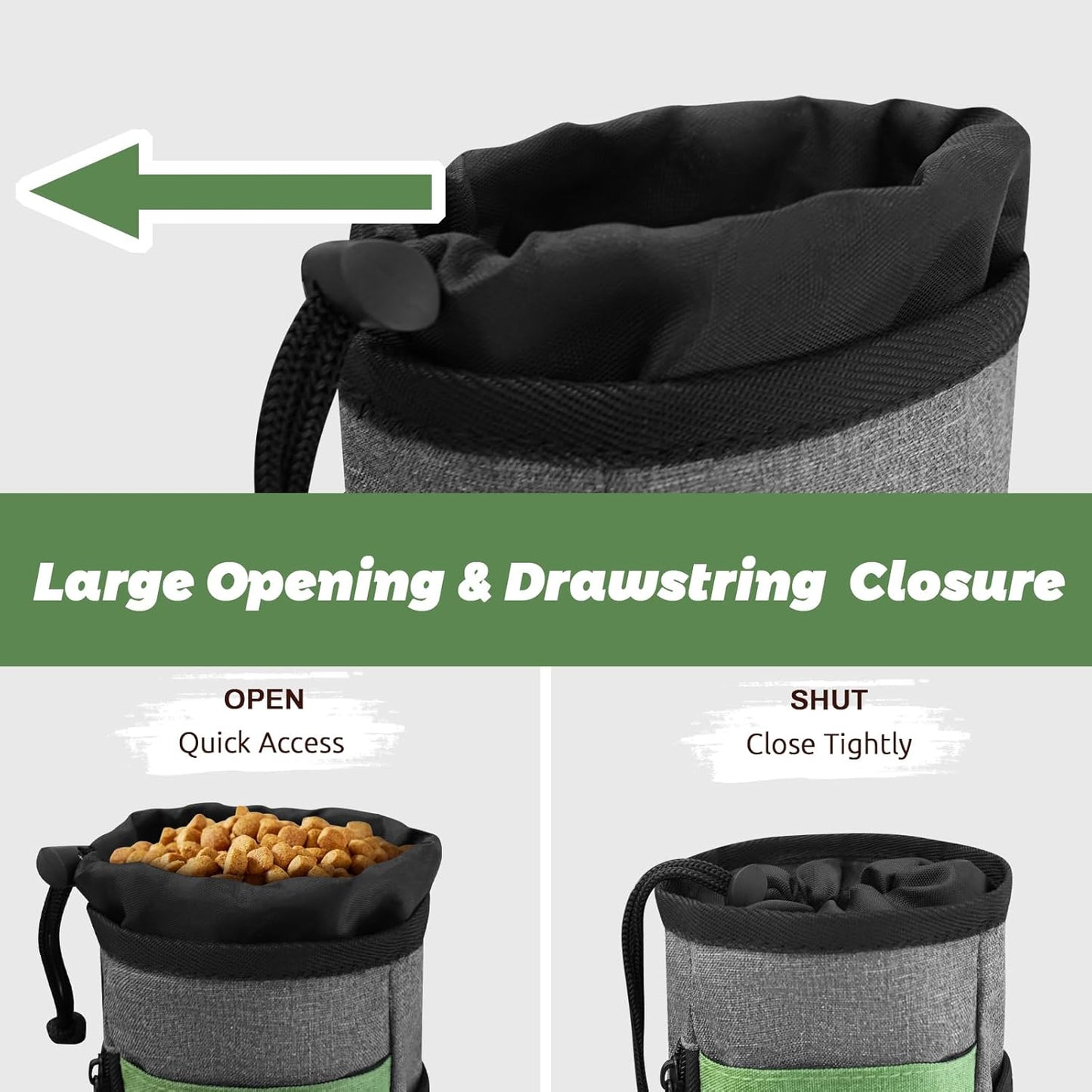 Upgraded Large-Sized Dog Treat Pouch with Waist Clip - Fashionable Green&Grey Design - Large Capacity Treat Bag for Dog Walks,Outdoor Activities, Travel and Training - Includes 1 Poop Bags