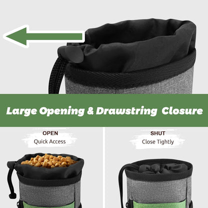 Upgraded Large-Sized Dog Treat Pouch with Waist Clip - Fashionable Green&Grey Design - Large Capacity Treat Bag for Dog Walks,Outdoor Activities, Travel and Training - Includes 1 Poop Bags