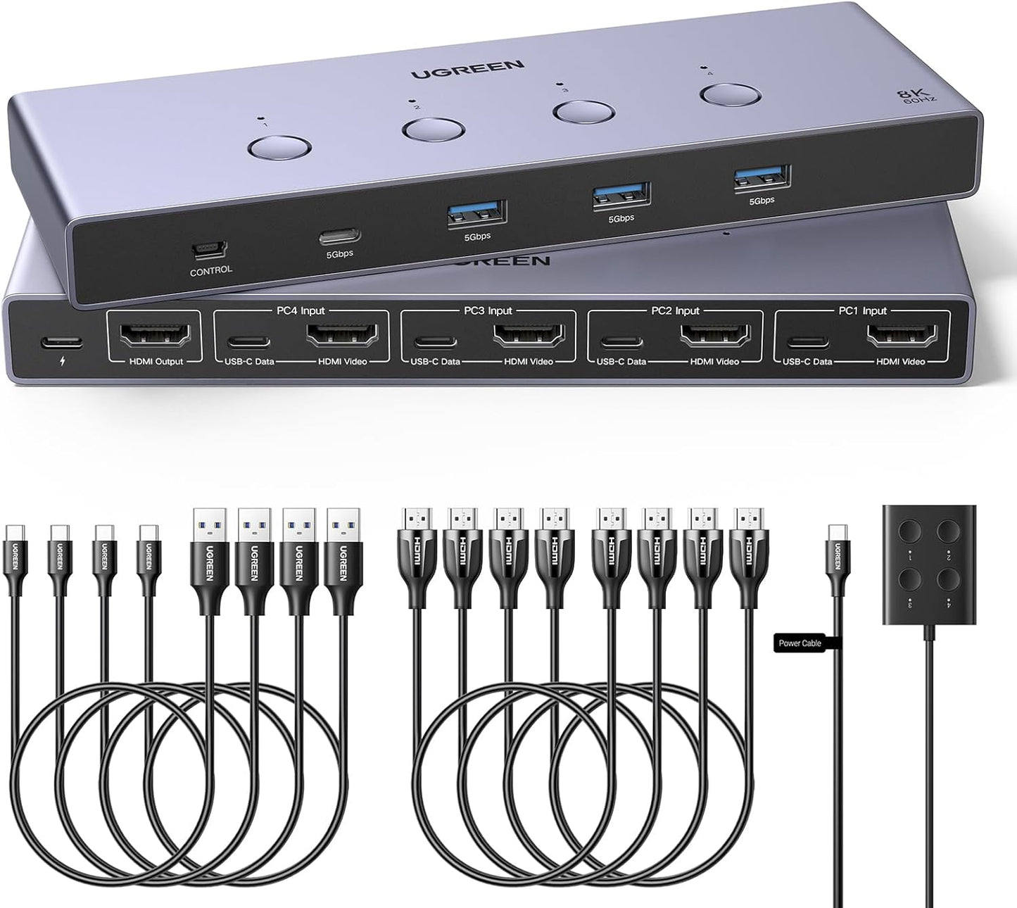 UGREEN HDMI KVM Switch 4 PC 1 Monitor Support 8K@60Hz, 4 Port USB KVM Switches for 4 Computers Share Keyboard/Mouse/Hard Drives and 1 Monitor, KVM Switcher with 4 USB Cables and 4 HDMI Cables