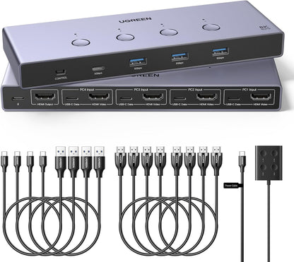 UGREEN HDMI KVM Switch 4 PC 1 Monitor Support 8K@60Hz, 4 Port USB KVM Switches for 4 Computers Share Keyboard/Mouse/Hard Drives and 1 Monitor, KVM Switcher with 4 USB Cables and 4 HDMI Cables