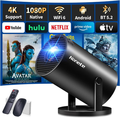 [Built-in App] Mini Projector 1080P, 4K Projector Full HD with WiFi 6 and Bluetooth 5.2, Support 180° Rotatable Portable Projector with Auto Keystone Correction, Compatible with Phone/HDMI/USB-Black