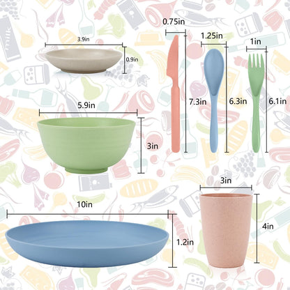 Wrova wheat straw bowls,plates,cups and cutlery sets 28 pcs - Reusable plastic dinnerware sets microwave safe and dishwasher safe - Ideal dish sets for kitchen, camping, indoors and out doors.Nordic
