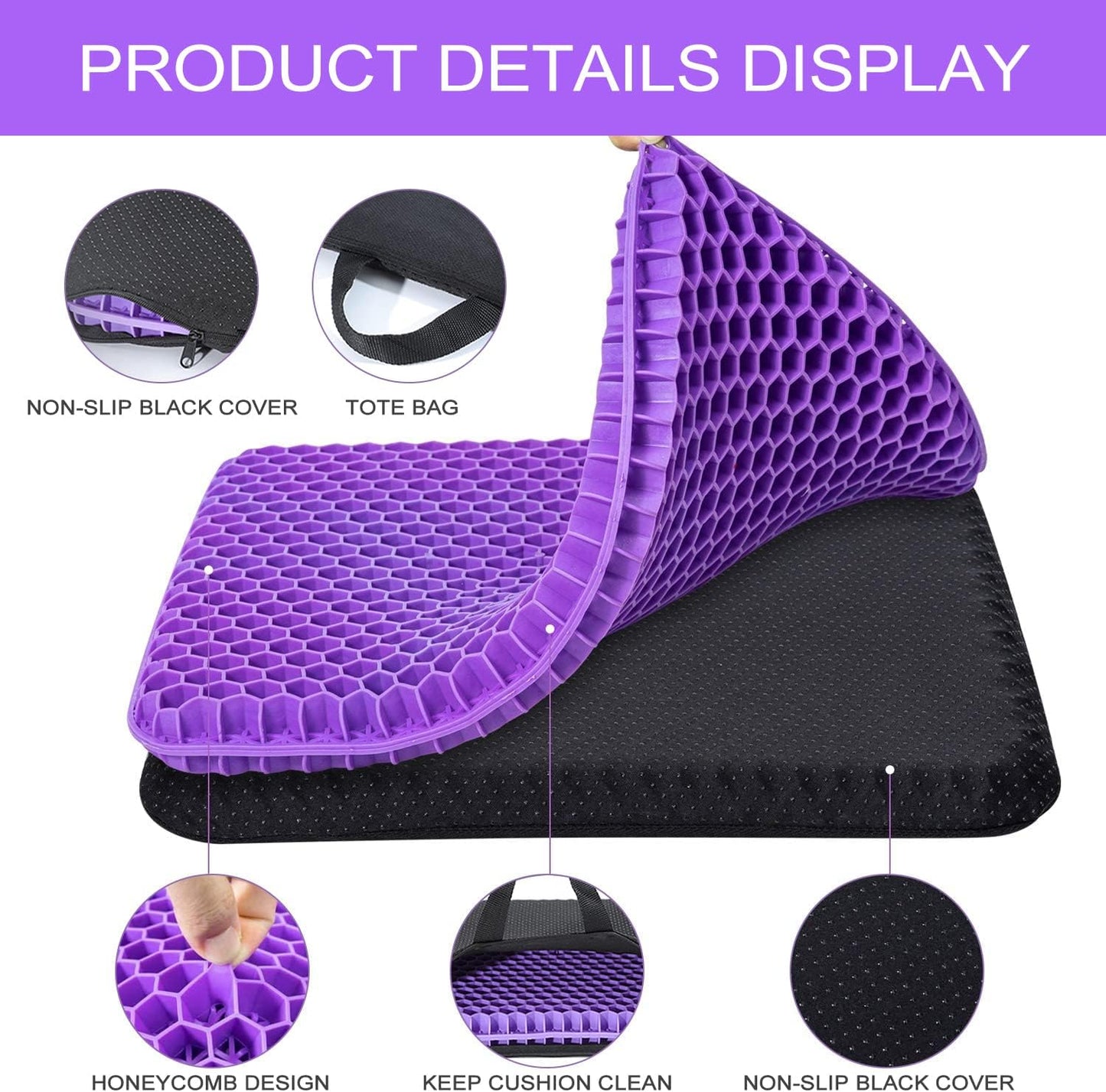 Gel Seat Cushion -for Long Sitting, Double Layer Breathable Honeycomb Chair Cushion with Non-Slip Cover for Help Relieve Pain, for Office Chair, Cars, Long Trips，Durable,Portable