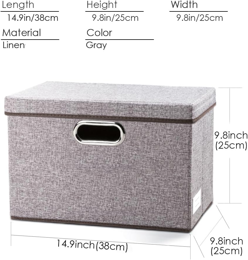 PRANDOM Large Foldable Storage Bin with Lid [1-Pack] Linen Fabric Decorative Storage Box Organizer Containers Basket Cube with Handles Divider for Bedroom Closet Office Living Room (17.7x11.8x11.8")