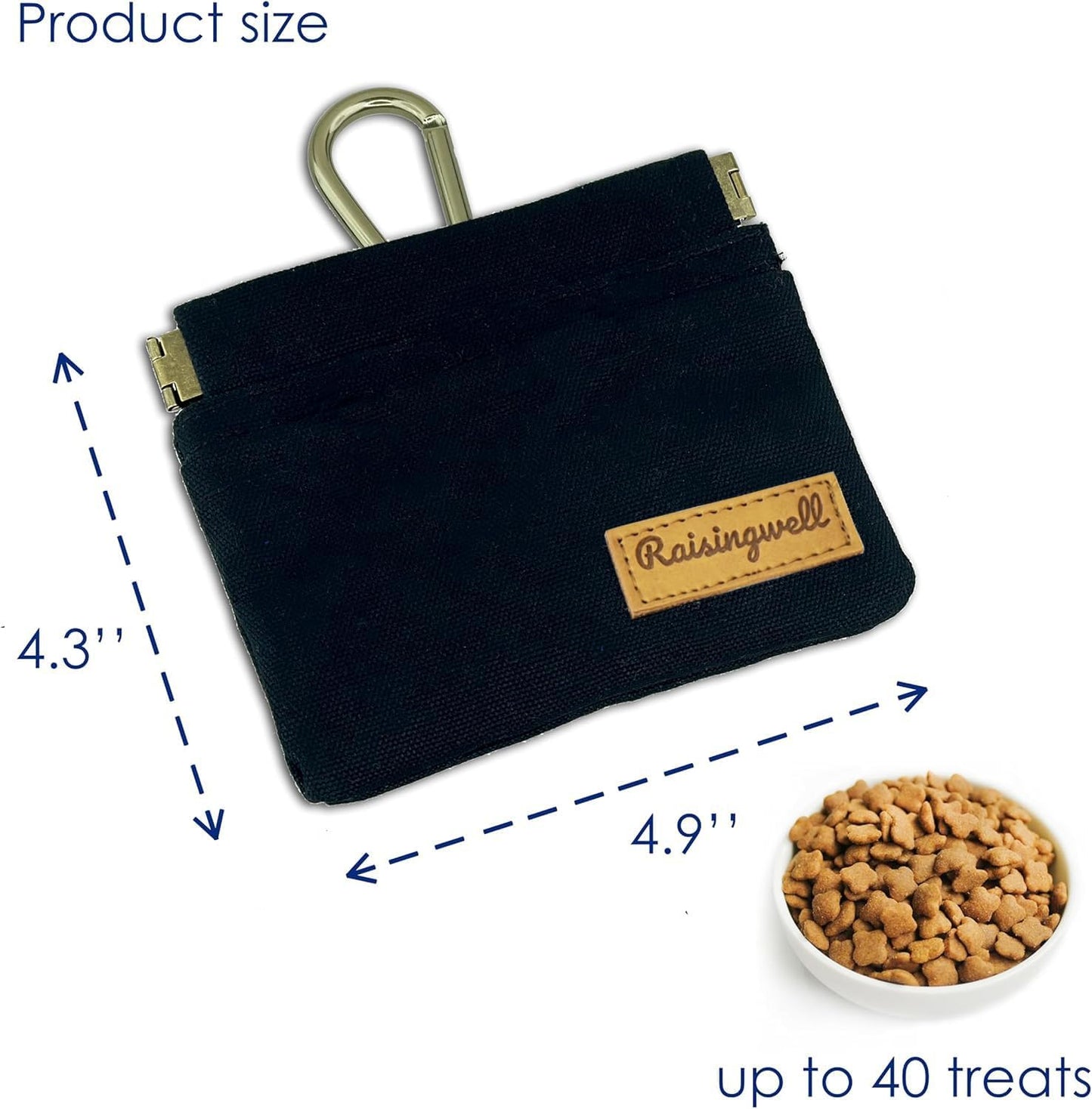 Raisingwell Dog Treat Pouch, Black Pocket Sized Pet Training Pouch, Cotton Fabric, Hand Free Dog Walking Bag with Carabiner, Self-Closing Pet Feed Snack Reward, for Pet Puppy Travel or Outdoor Use