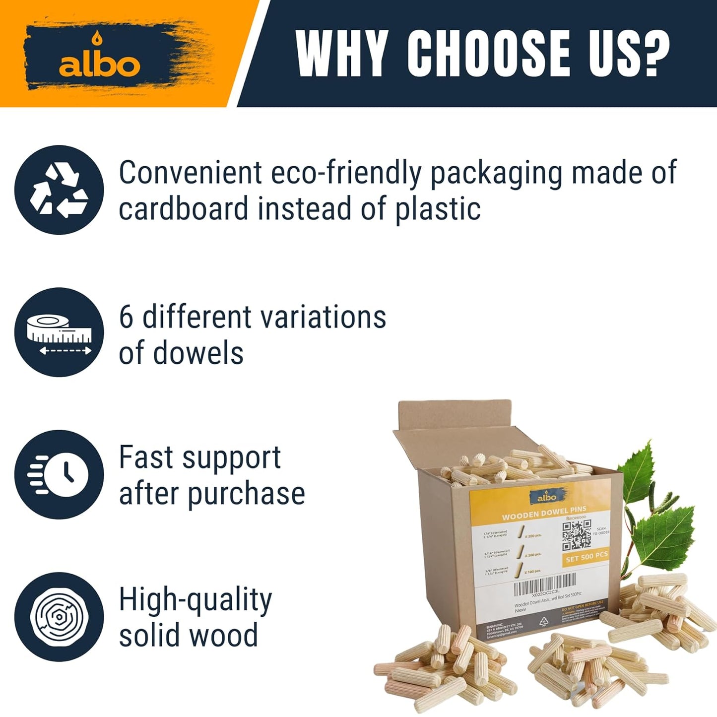 ALBO Wooden Dowel Pins 100 Pack Assorted Sizes 1/2 + 3/8 + 5/16 + 1/4 inch Fluted Wood Dowels Rods Hardwood Crafts Dowel Pegs