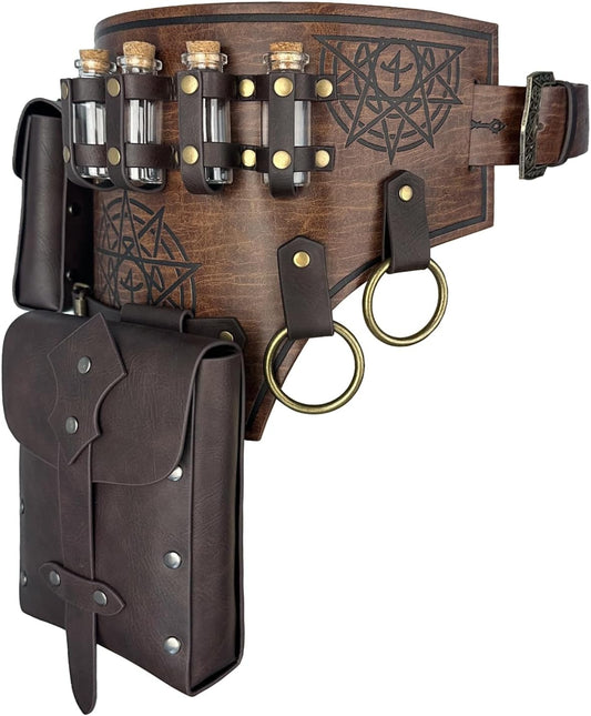 HiiFeuer 4 PCs Medieval Alchemy Belt Costume, Fantasy Faux Leather Wizard Potion Holder Belt with 4 Cork Vials and Belt Bag