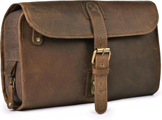 LEATHER VILLAGE Hanging Toiletry Bag for Men & Women, Handcrafted Vintage Cosmetic & Shaving Organizer Travel Dopp Kit- Brown - PuriLite