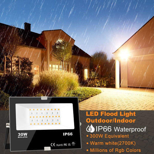 MELPO 30W Led Flood Light Outdoor 300W Equivalent, Color Changing RGB Lights with Remote, 120 RGB Colors, Warm White 2700K, Timing, Custom Mode, Uplight Landscape Lights,IP66 US 3-Plug (2 Pack) - PuriLite