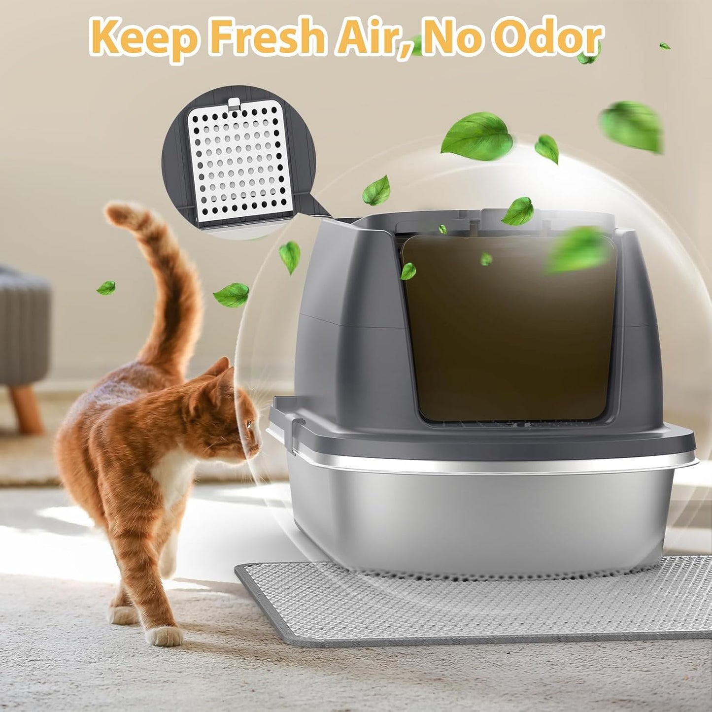 OGEMXU Stainless Steel Litter Box with Lid, Top Entry Covered Kitten Litter Box, Enclosed Litter Tray for Easy Cleaning & Odor Control, Includes Scoop and Litter Mat, Gray