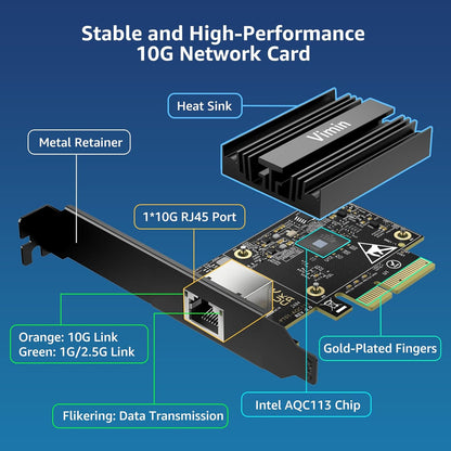 10G PCI-E Network Card with 10Gbps Dual RJ45 Ports, Intel X540-T2 Conrtoller, VIMIN 10Gb Ethernet Adapter Card Compatible with PCI Express X8, X16, Support Windows/Windows Server/Linux/VMware