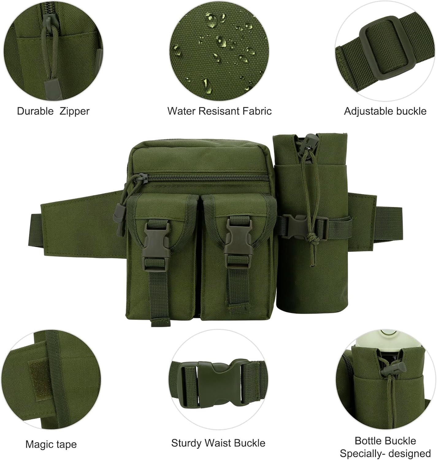 DOB SECHS Hiking Waist Bag with Detachable Water Bottle Holder and Adjustable Waist Belt, Oxford Fanny Pack for Men Women Causal Belt Bag for Travel Outdoor Fishing Running Hiking Hunting, Green