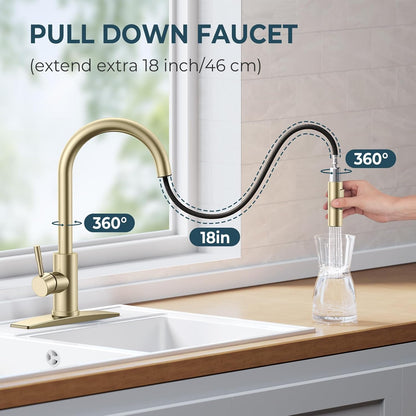 FORIOUS Kitchen Faucet with Pull Down Sprayer, Stainless Steel Single Handle Classic Sink Faucet 1 Or 3 Hole, Dual Function Faucet for Farmhouse, Camper, Laundry, Rv, Bar, Mattle Black