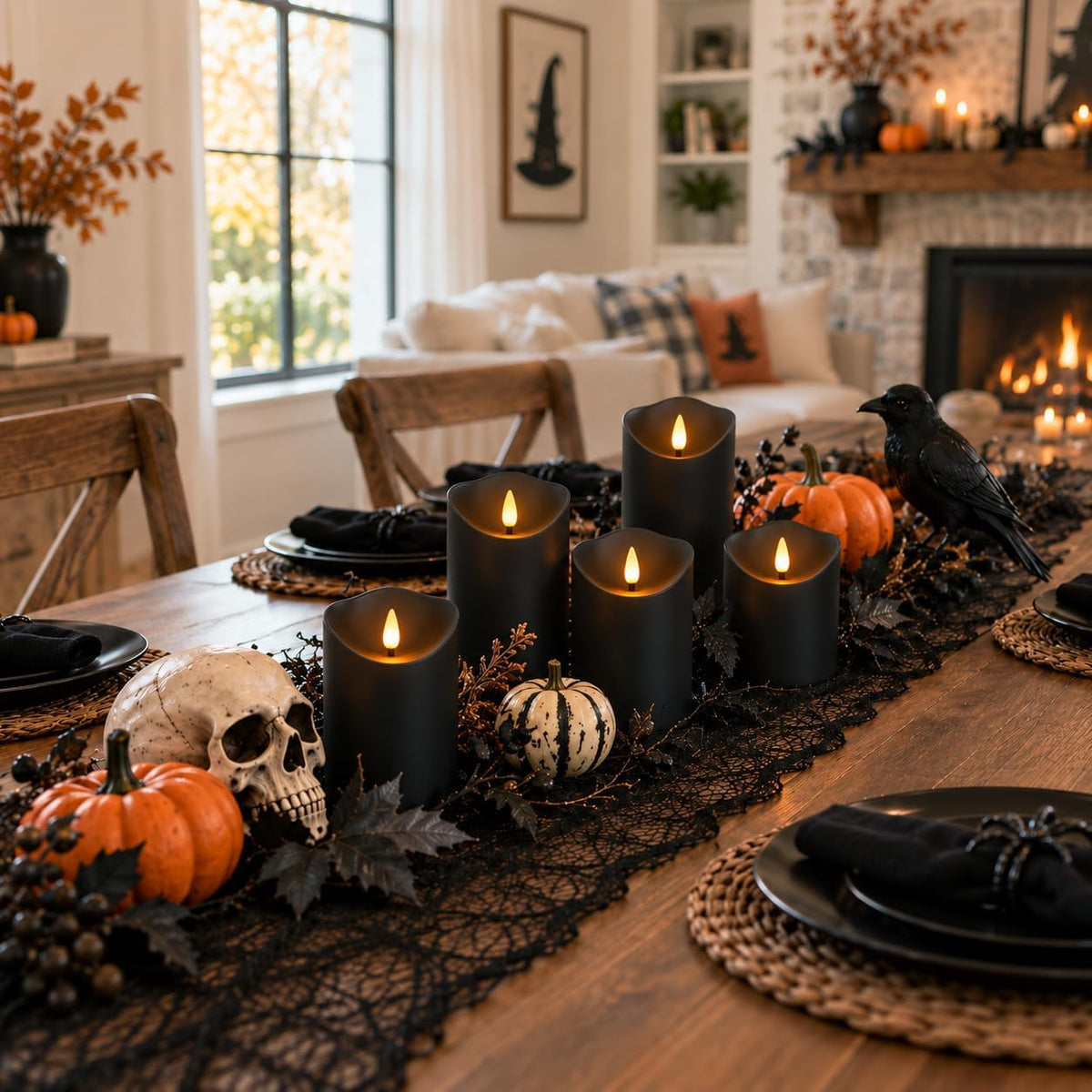 Fo32won Flameless Flickering Candles with Remote Timer, Set of 6 Led Black Battery Operated Candles for Home Decor Xmas Halloween (D3 x H3 3" 4" 5" 6" 7")