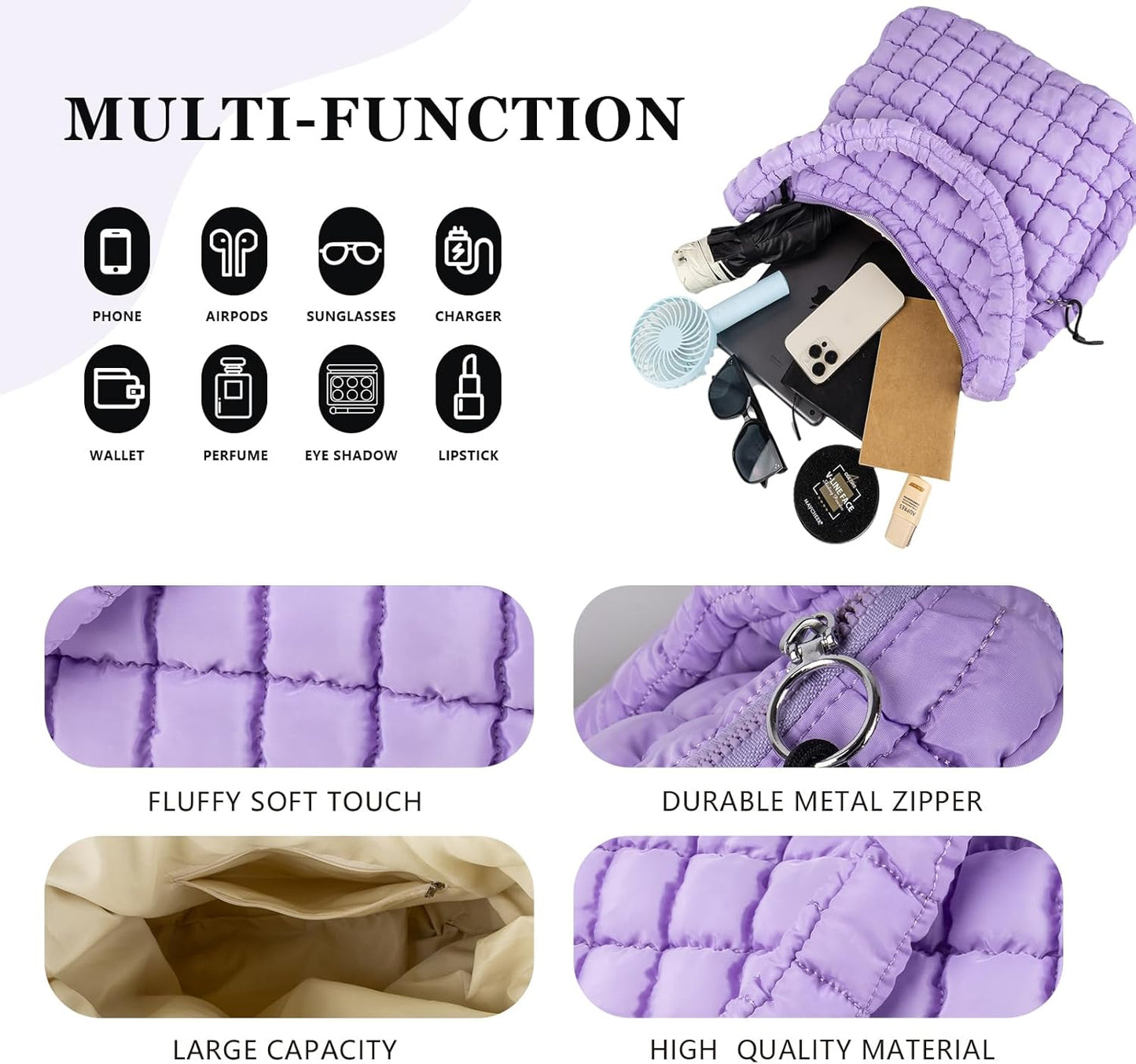 Quilted Puffer Tote Bag Large Crossbody Shoulder Bag with Zipper, Nylon Hobo Oversized Handbag