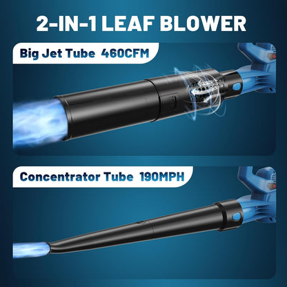 Leaf Blower Cordless,460CFM &190MPH,20V 4.0Ah Upgrade Battery Powered 2-in-1 Leaf Blower(Upgraded),6 Variable Speed,for Blowing Leaves,Debris,Snow and Dust,4.0Ah Battery&Charger Included(Blue)