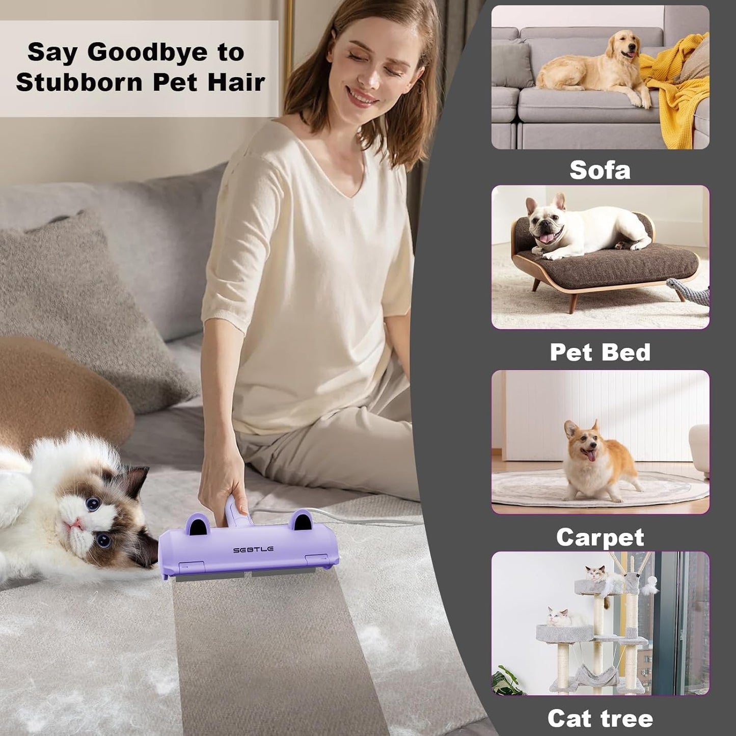 Sebtle Pet Hair Remover Roller,Reusable Animal Hair Removal Brush for Dogs and Cats,Lint Remover Easy to Clean Pet Fur from Carpet,Sofa,Bedding,Furniture and Rugs-Grey