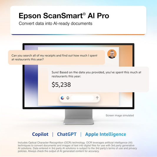 Epson RapidReceipt RR-600W Wireless Desktop Color 2-Sided Receipt & Document Scanner with ScanSmart AI PRO Receipt Management & PDF Software for PC & Mac, Touchscreen & 100-Page Auto Document Feeder - PuriLite