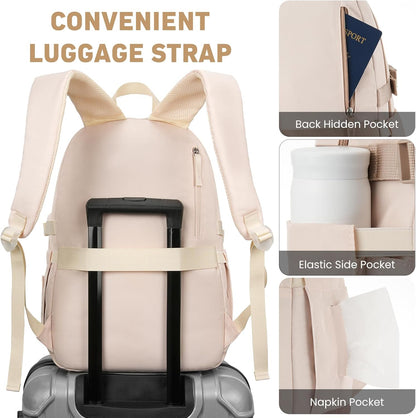 WINDARS Backpack for School Girls, Cute High School Backpacks for Teens Women Student Large Bookbag 15.6 Inch Laptop Bag with USB Charger Port for College Work Travel Trip (Beige Khaki)