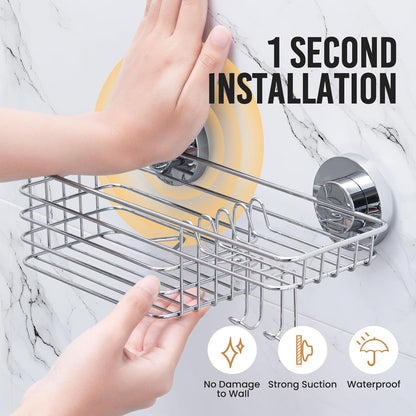 LEVERLOC Shower Caddy Suction Cup, 2 Pack Black Shower Shelf with Hooks and Soap Holder, NO-Drilling Bathroom Organizer, Rustproof Metal Bathroom Storage and Organization