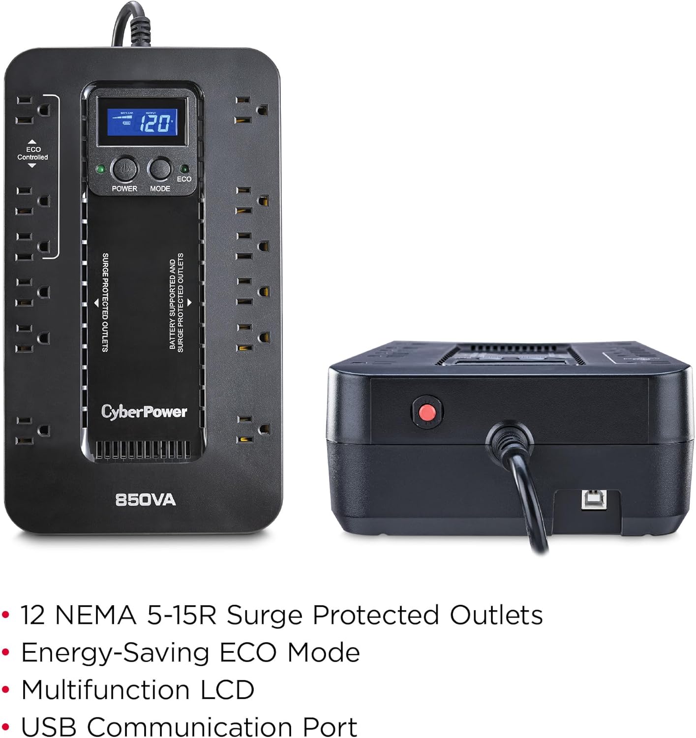 CyberPower EC850LCD Ecologic Battery Backup & Surge Protector UPS System, 850VA/510W, 12 Outlets, ECO Mode, Compact, Uninterruptible Power Supply
